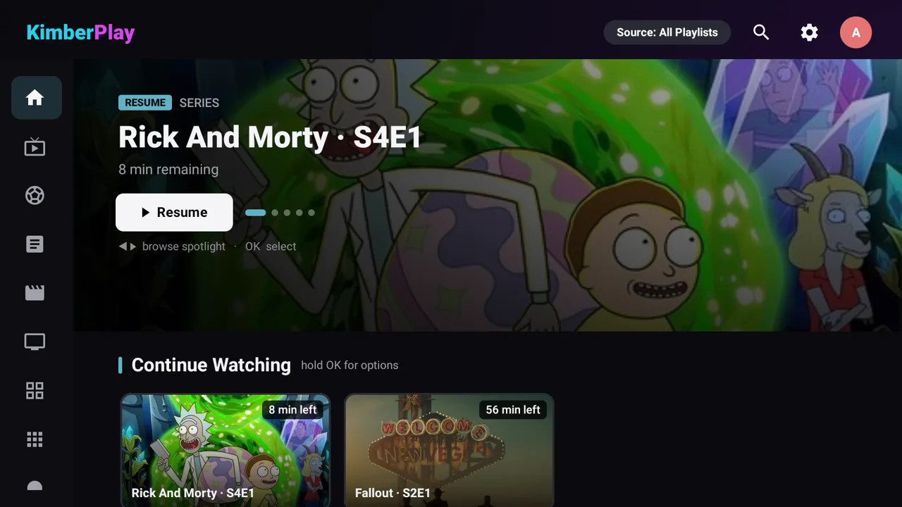 KimberPlay IPTV player home screen running on an Amazon Fire TV Stick