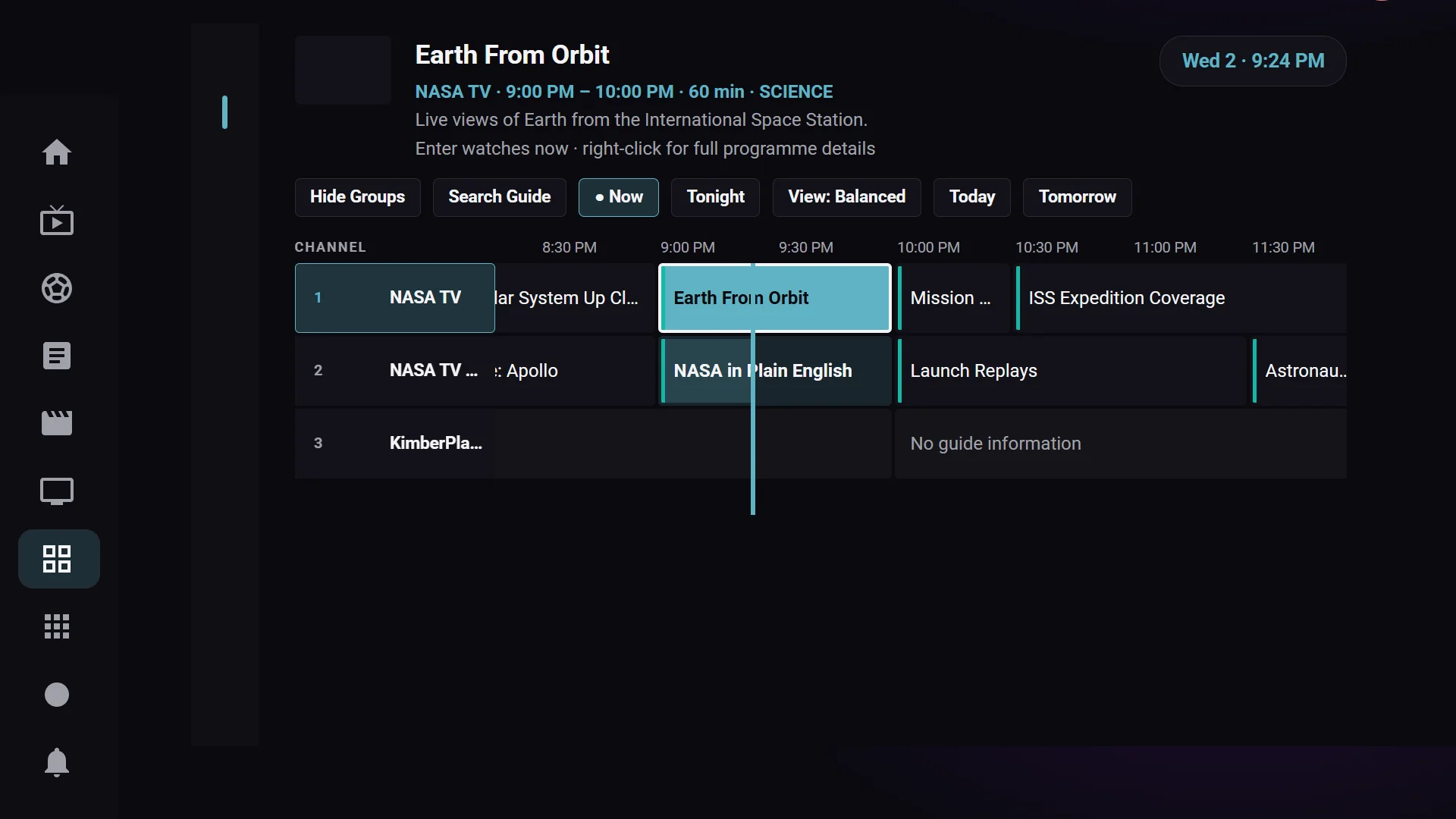 KimberPlay TV Guide: a timeline grid of programs across channels with a live NOW line