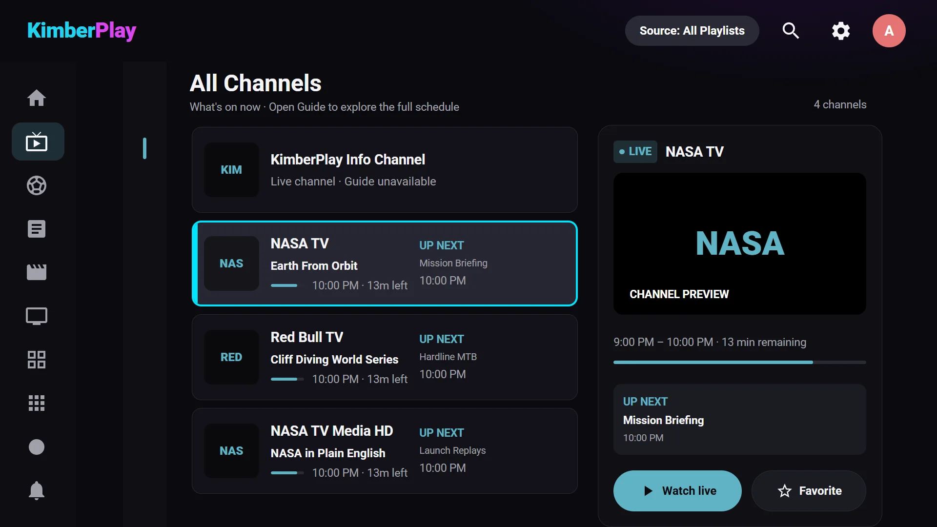 KimberPlay Live TV: a channel list with what's on now and next, a live preview, and the Watch live button
