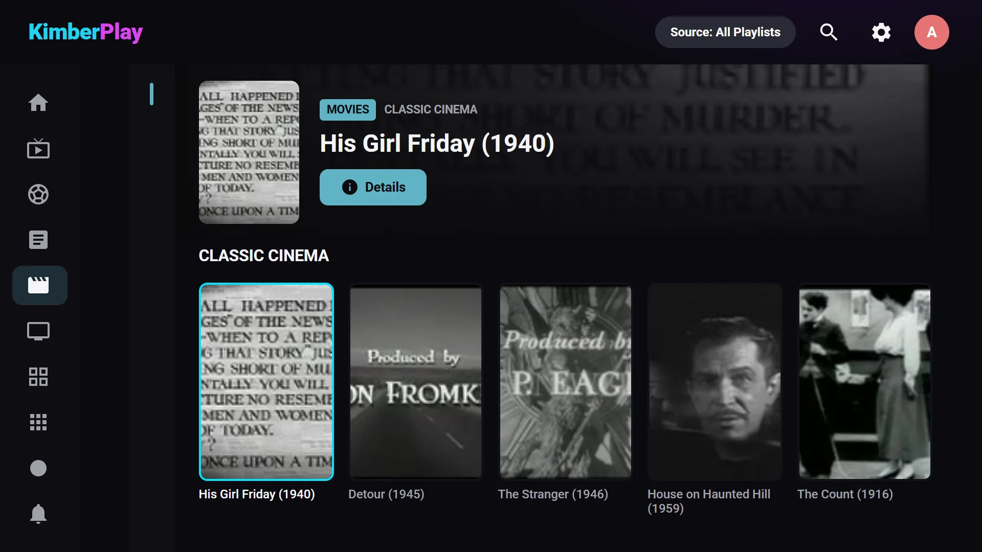KimberPlay Movies: a poster grid with a large hero for the highlighted film