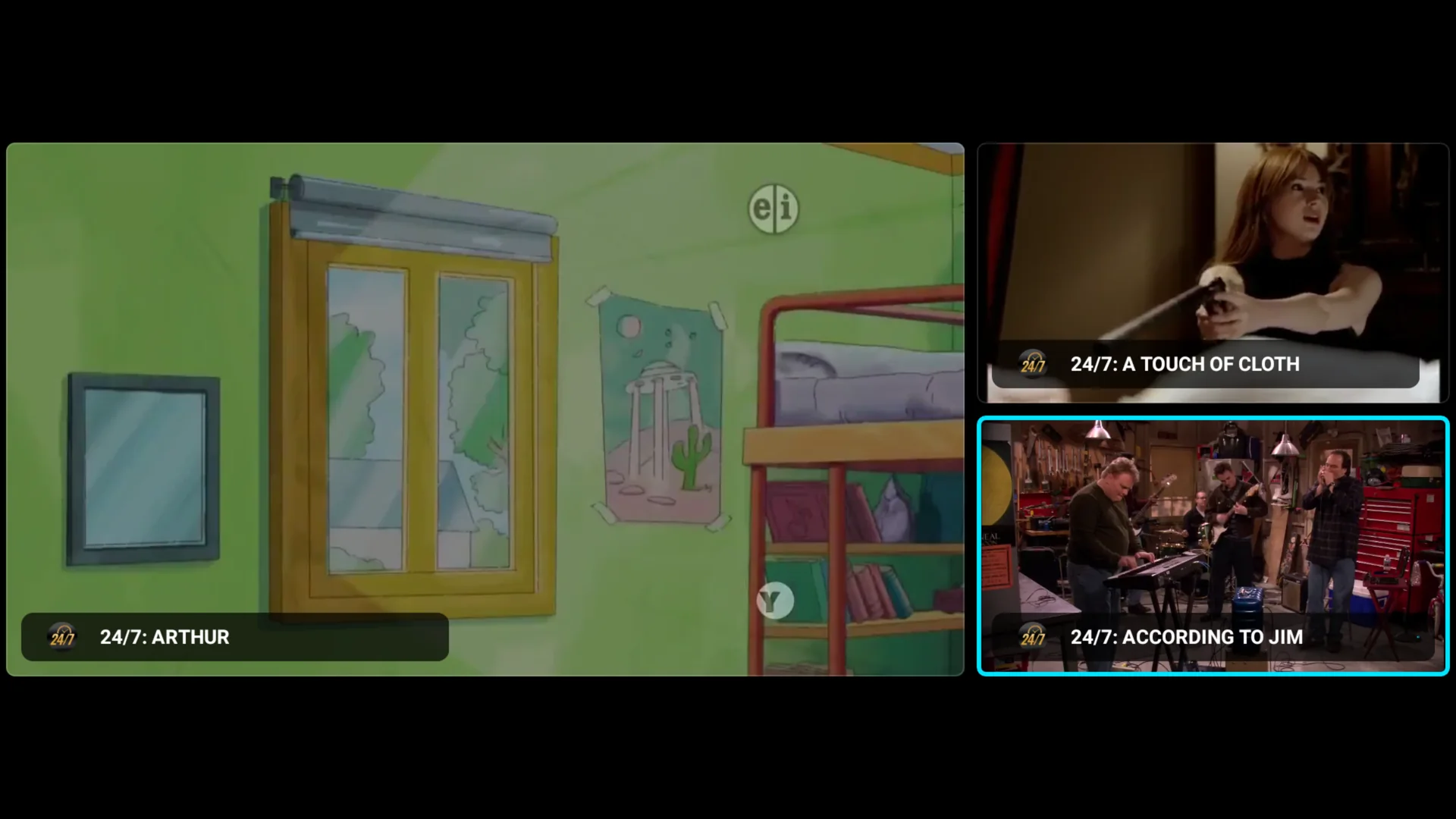 KimberPlay Multi-view: four live channels on one screen in a 2 by 2 grid, the highlighted one carrying the sound