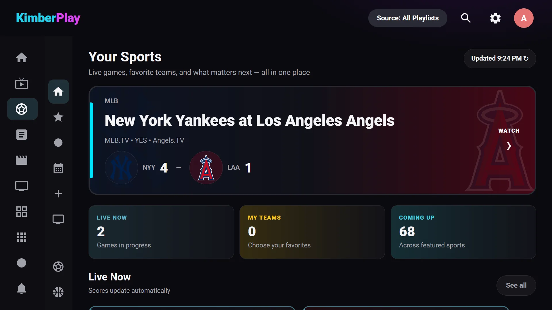 KimberPlay Sports Hub: today's games with live scores, a spotlight game, and the channel that carries it